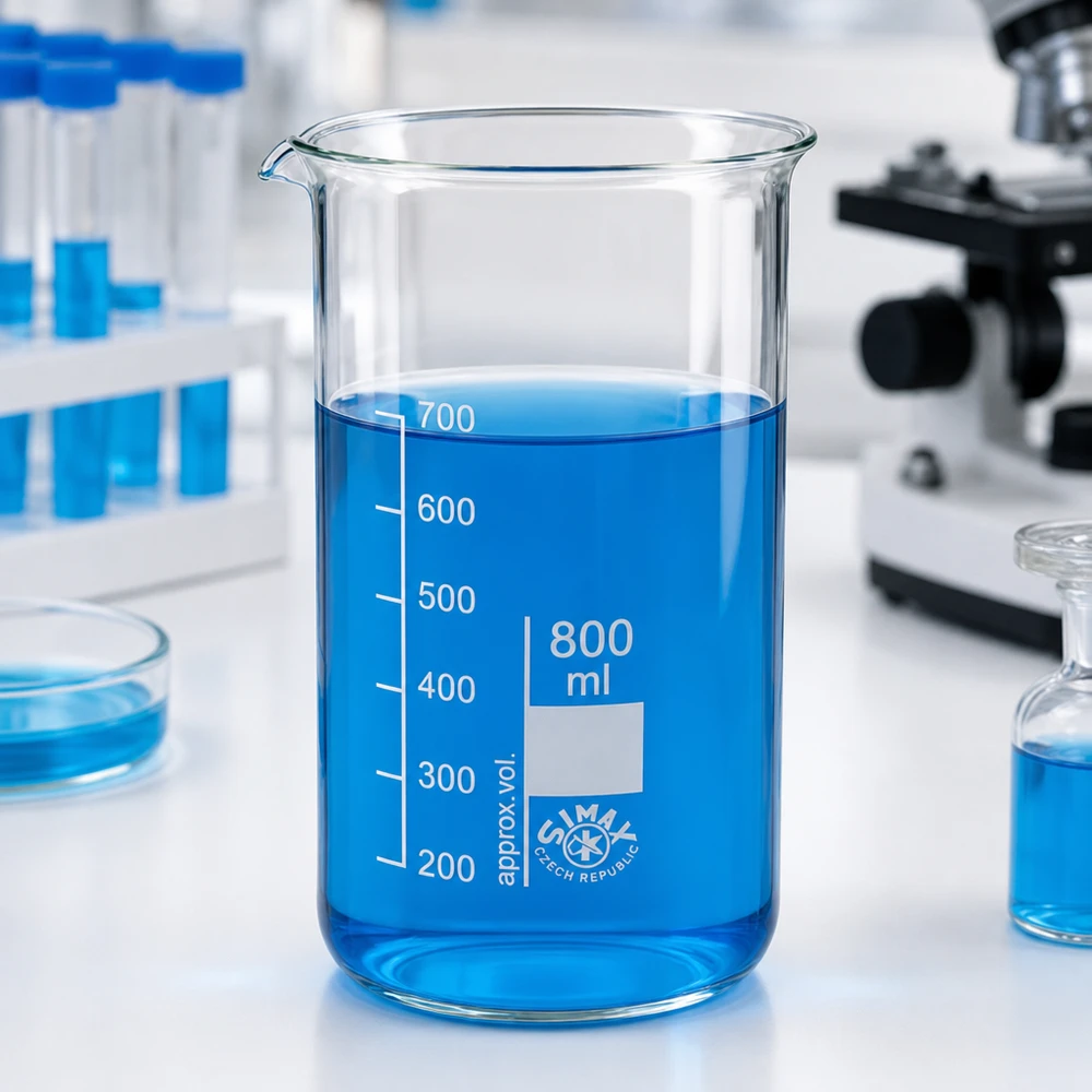 Bicchiere da 800 ml in vetro borosilicato, forma alta Becher vuoto da 800 ml, forma alta, in vetro borosilicato con liquido blu in laboratorio