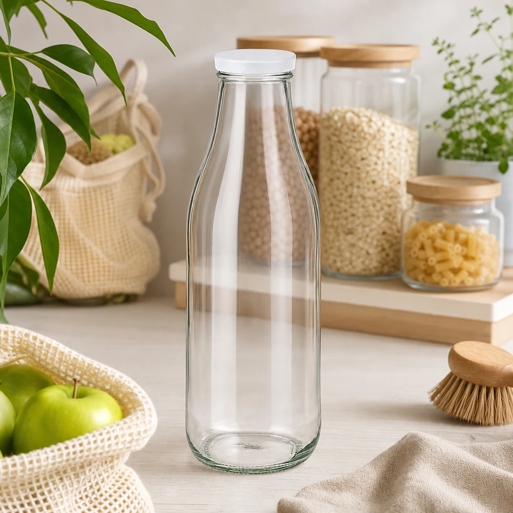 Bottiglia di vetro da 1000 ml vuota con coperchio bianco BasicSeal cucina sostenibile stile di vita a rifiuti zero stoccaggio