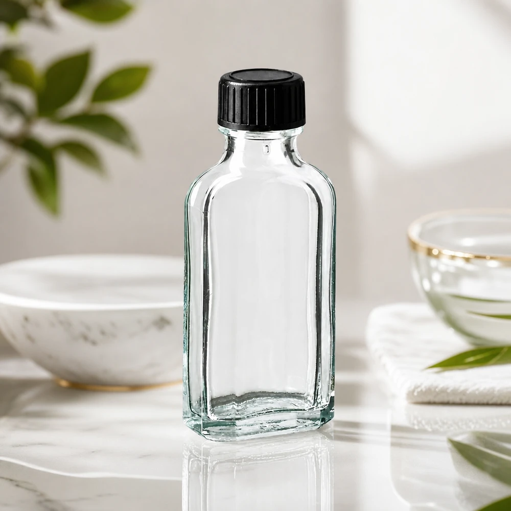 Flacone di vetro rettangolare da 50 ml, modello Meplat trasparente, con tappo a vite nero su superficie in marmo