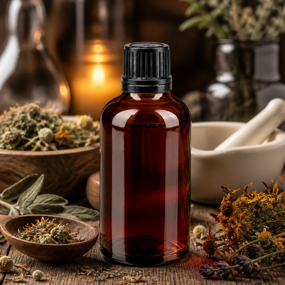 Bottiglia 50ml bre. (Glo.) Bottiglia GR OV nero/8mm ApoGlas Flacone in vetro ambrato da 50 ml con tappo OV nero, circondato da erbe medicinali essiccate - Medicina naturale