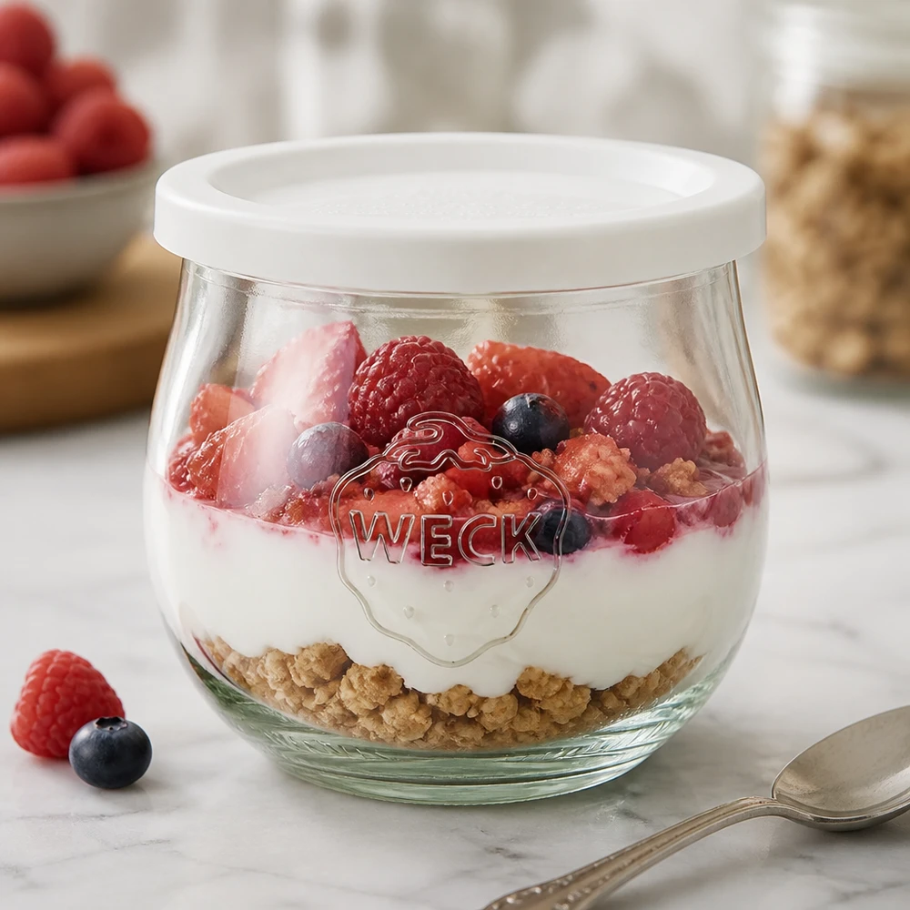 Vasetto WECK a tulipano 370ml come ciotola da dessert riempita con yogurt e frutti di bosco, coperchio bianco per la freschezza RR80 visibile