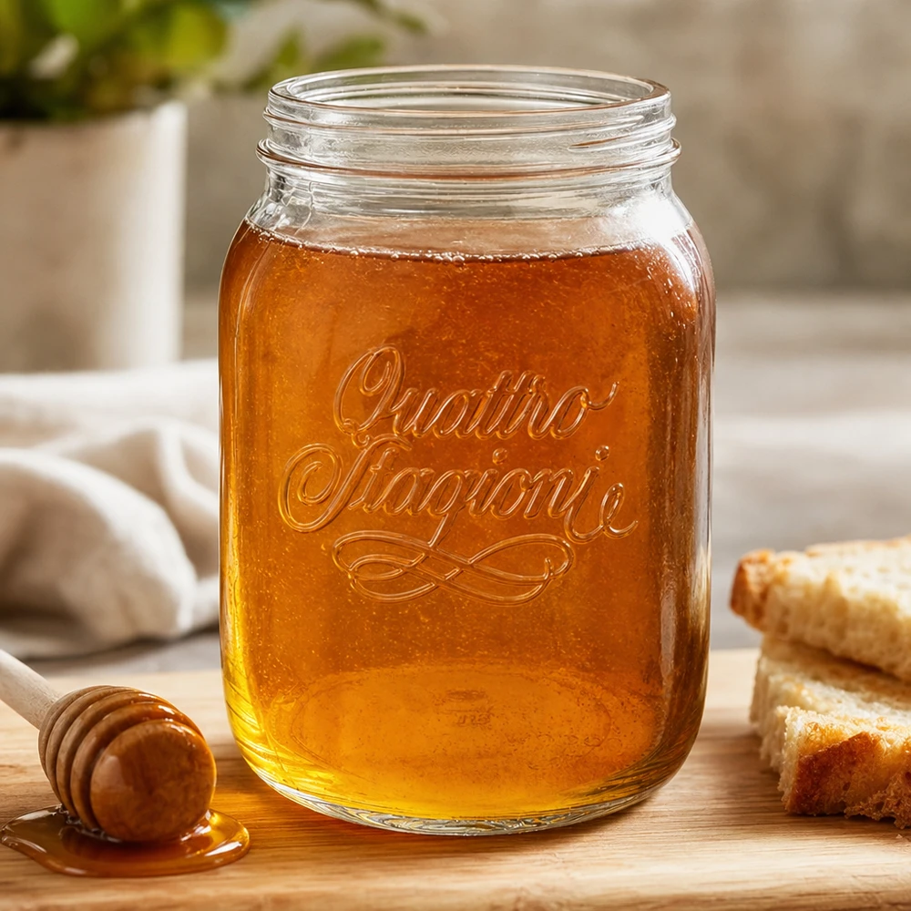 Vaso domestico "Quattro Stagioni" da 2000 ml Vaso domestico Quattro Stagioni da 2000 ml pieno di miele su tavoletta di legno con cucchiaio e nido d'ape