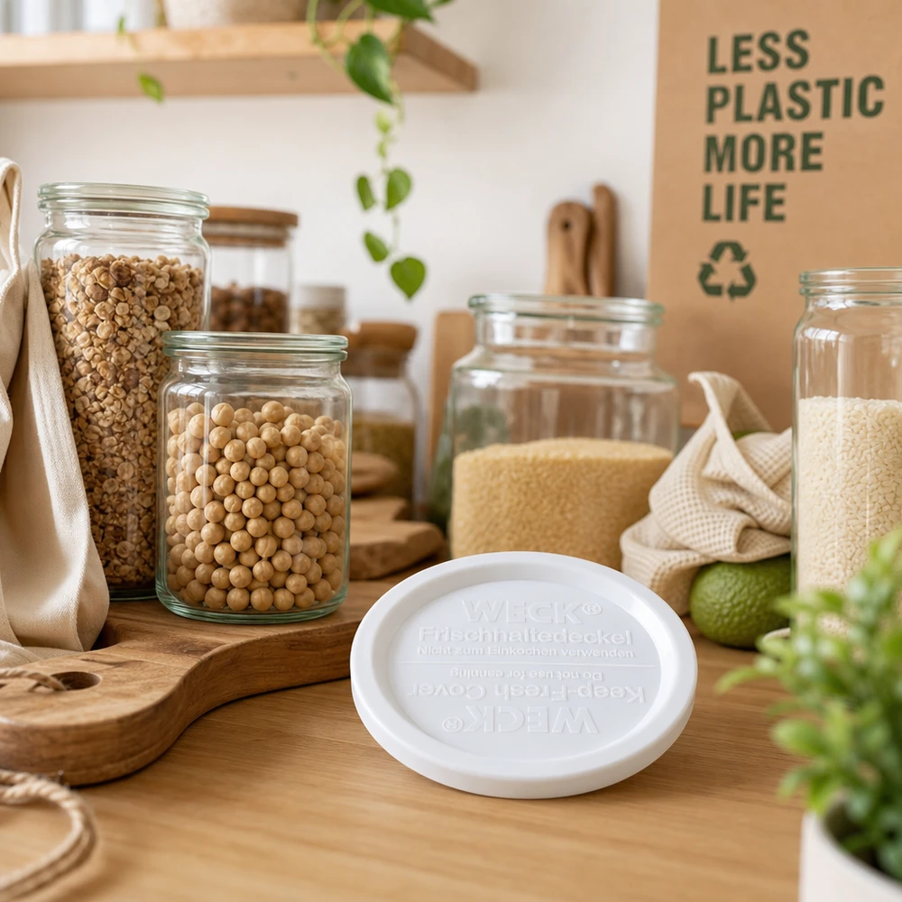 Coperchio WECK REX keep-fresh RR120 bianco in cucina sostenibile a rifiuti zero con barattoli e utensili in legno
