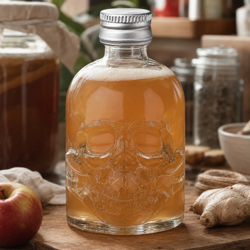 Bottiglia in vetro da 50 ml Hector con tappo a vite argento UNiTWIST® Bottiglia in vetro Hector da 50 ml con teschio in rilievo, riempita di bevanda alla mela e allo zenzero in un ambiente di cucina naturale