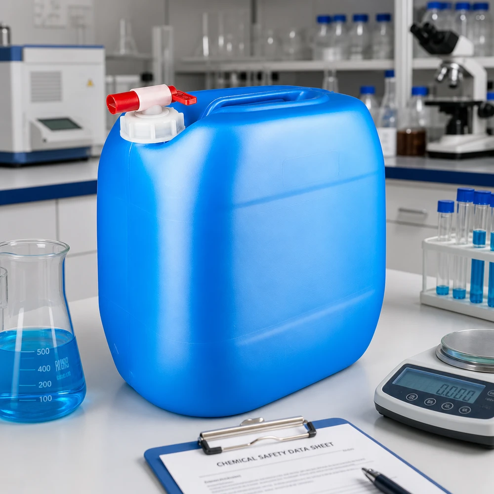 Tanica 30 litri blu con rubinetto di scarico Tanica in HDPE da 30 litri di colore azzurro con rubinetto rosso su un tavolo da laboratorio bianco