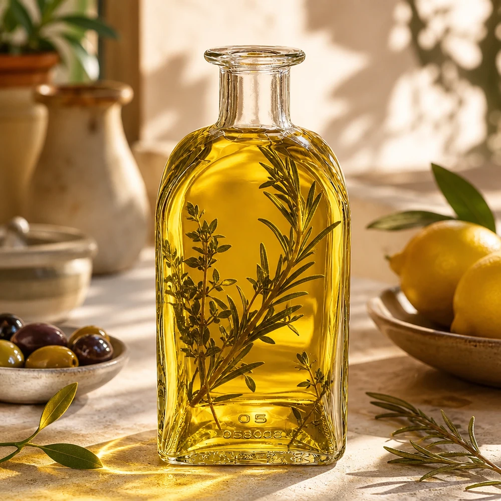 Flacone farmaceutico da 500 ml Julia senza tappo UNiTWIST® Bottiglia di vetro da 500 ml Julia riempita con olio d'oliva ed erbe aromatiche Cucina mediterranea con olive e limoni