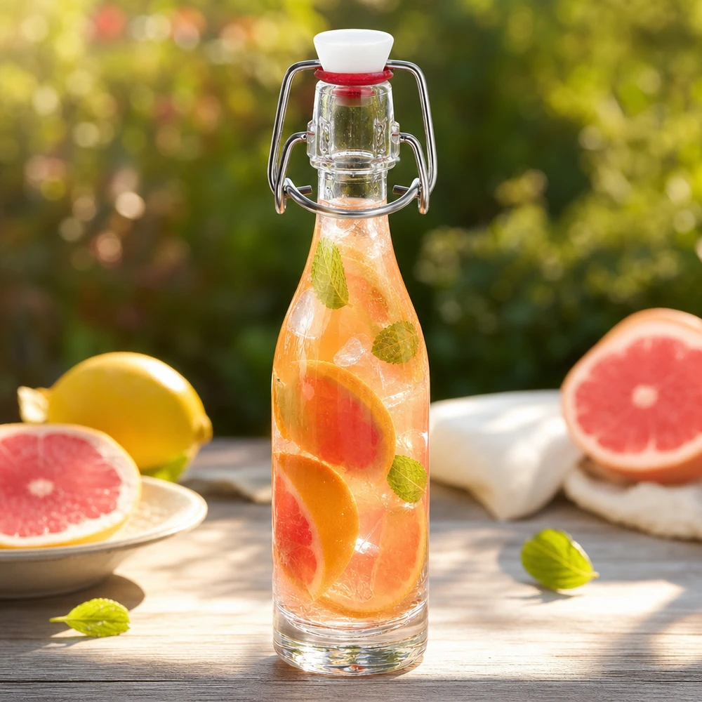 Bottiglia in vetro da 50 ml + tappo girevole in PVC UNiTWIST Bottiglia in vetro da 50 ml con tappo oscillante in PVC, riempita con acqua di pompelmo e menta in un'atmosfera da giardino estivo.