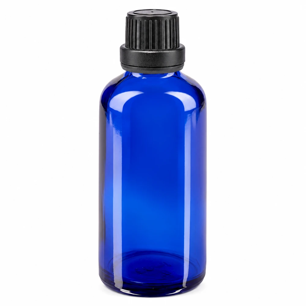 Flacone in vetro blu da 50 ml con tappo di sicurezza nero e contagocce da 2 mm in vetro da farmacia