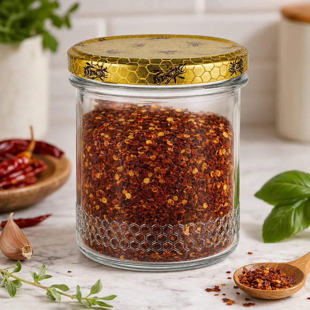 Vasetto per miele da 560 g con capsula a favo BasicSeal UNiTWIST Vasetto di miele da 400 ml riempito con miscela di spezie al peperoncino, coperchio a nido d'ape, scena da cucina con erbe e cucchiaio di legno