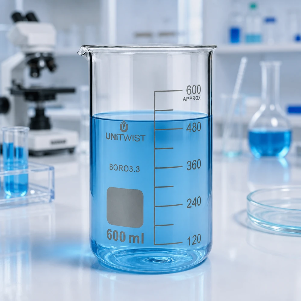 Vaso di vetro UNITWIST da 600 ml in borosilicato, forma alta, con liquido blu in laboratorio