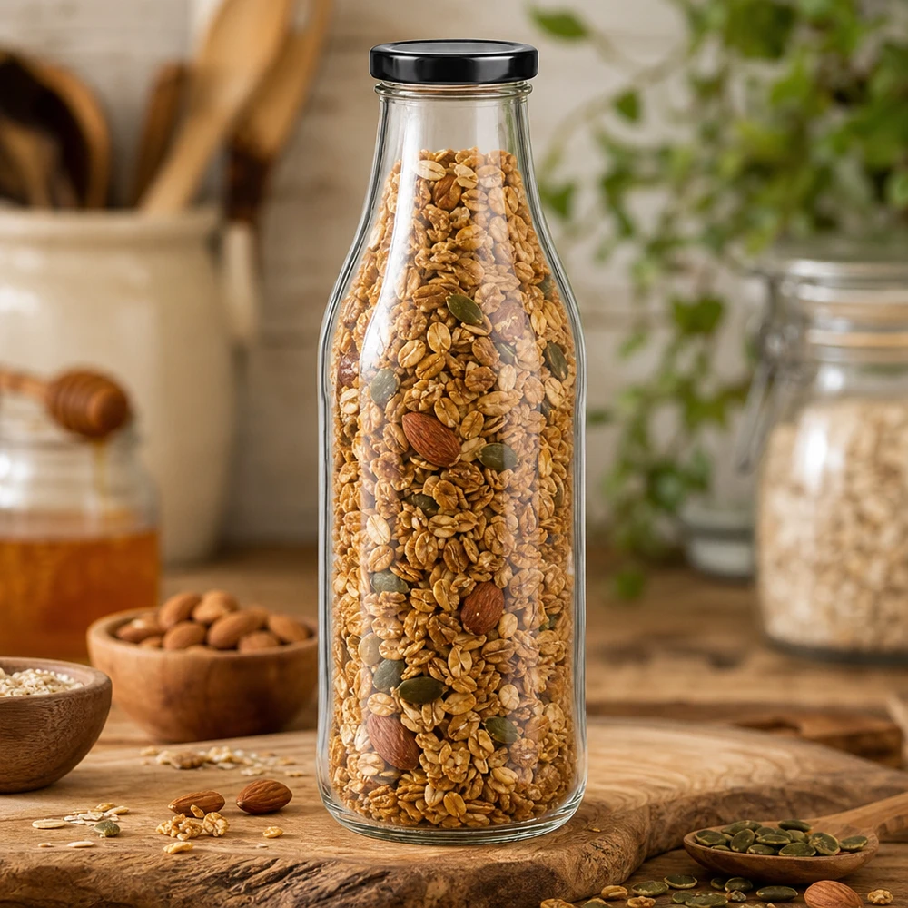 Bottiglia di vetro da 1000 ml + coperchio BasicSeal nero UN.. Bottiglia in vetro da 1000 ml con coperchio nero riempita con miscela di muesli e noci per la conservazione degli alimenti