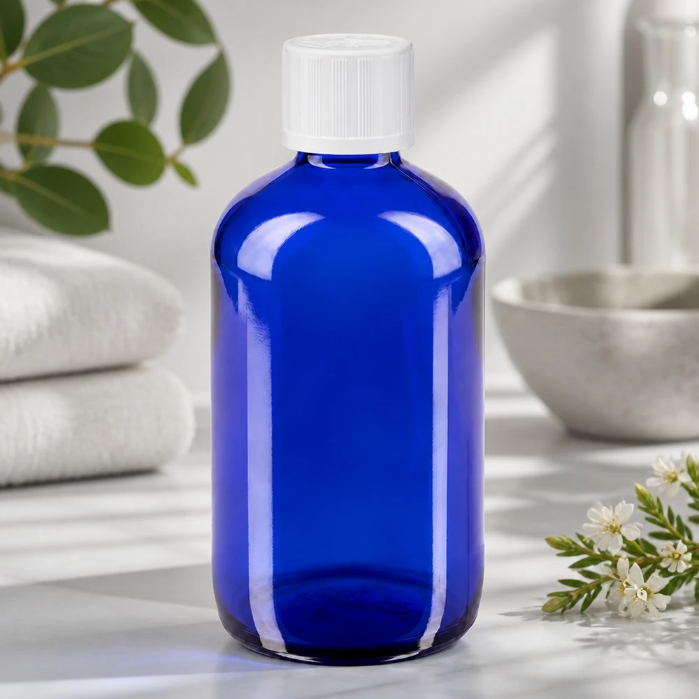 Flacone di vetro trasparente blu da 100 ml con tappo di sicurezza per bambini bianco e contagocce da 1,2 mm