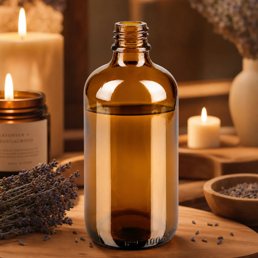 Bottiglia da farmacia ApoGlas marrone da 100 ml con aromaterapia alla lavanda e candele in un ambiente caldo su legno