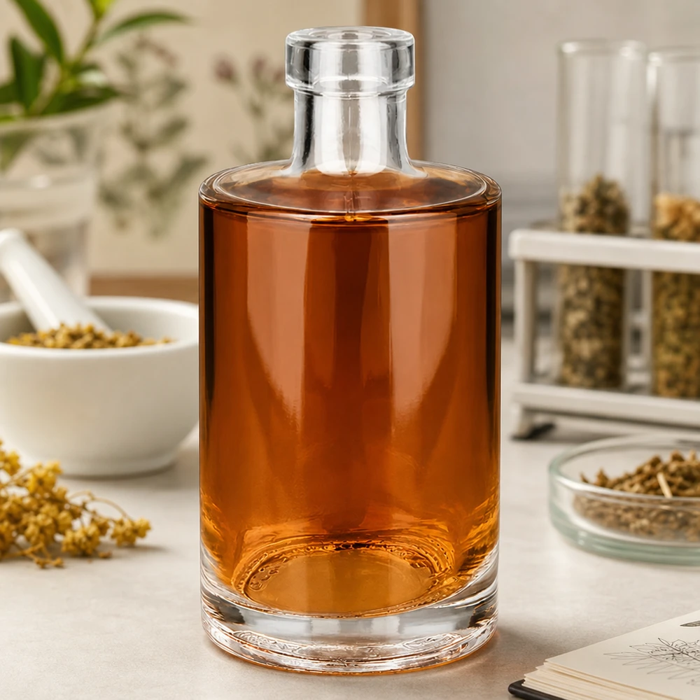 Bottiglia in vetro da 350 ml Marie senza tappo UNiTWIST® Bottiglia di vetro da 350 ml Marie con contenuto ambrato sul bancone della cucina tra spezie ed erbe aromatiche Immagine 5 di 10