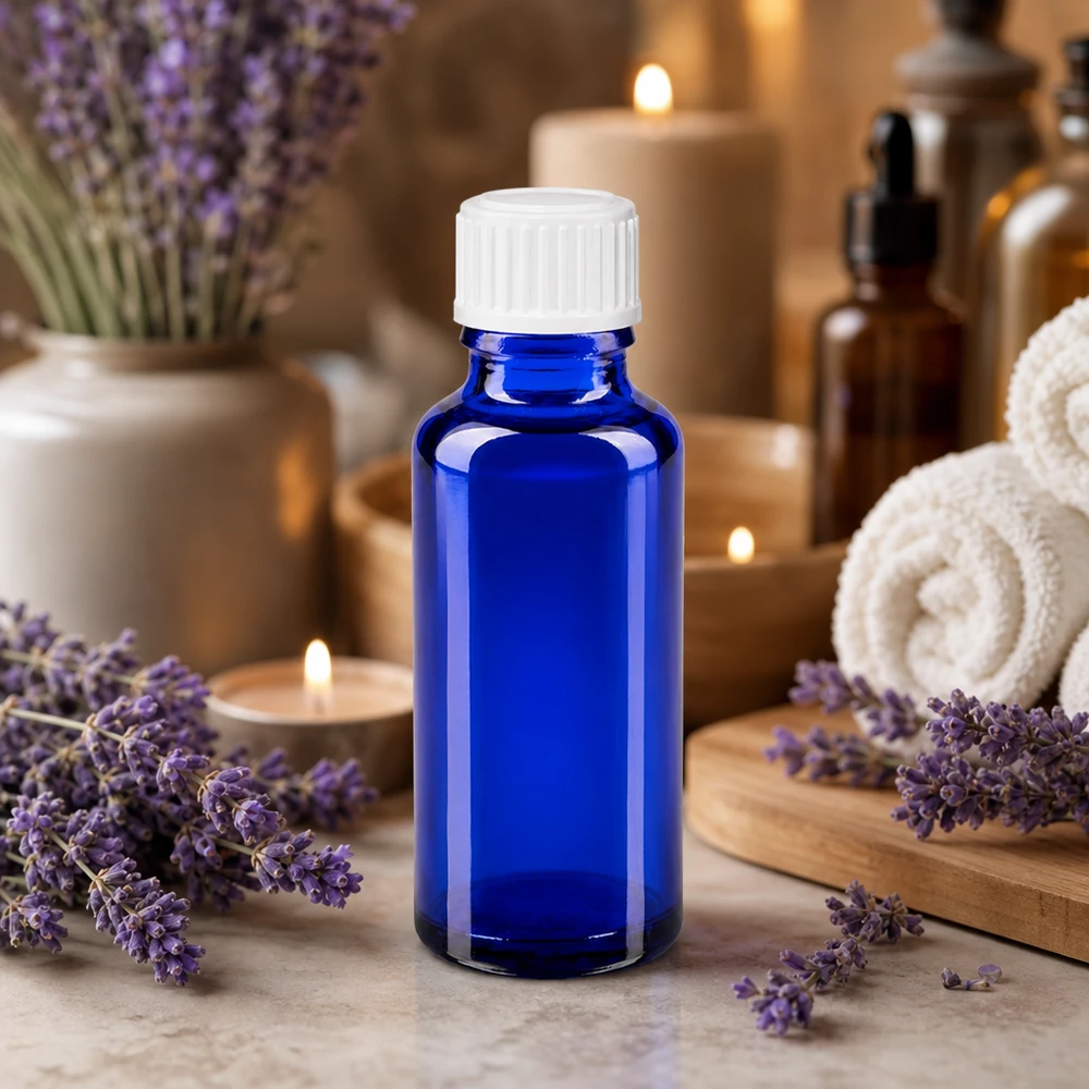 Bottiglia di vetro blu da 30 ml con tappo di sicurezza bianco a prova di bambino per oli essenziali