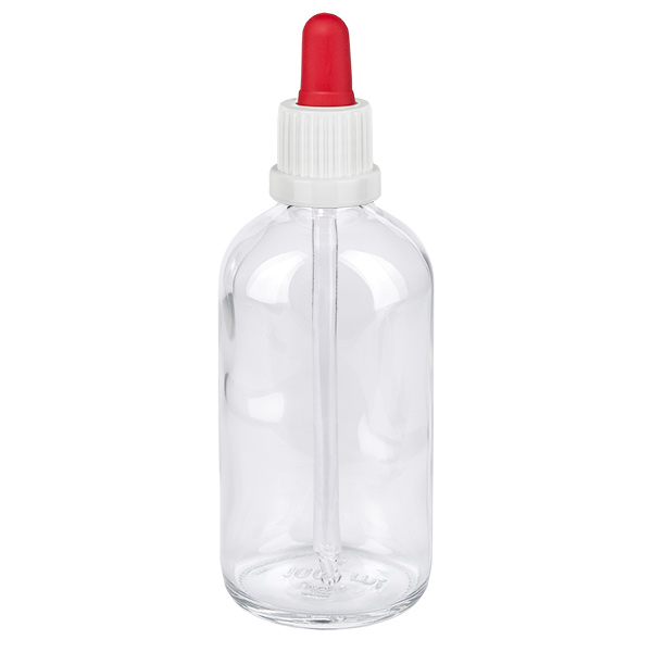 Flacone per pipette da 100 ml bianco/rosso OV ClearLine UT18/100 Flacone con pipetta da 100 ml in vetro trasparente con tappo a vite bianco e pallina rossa per la pipetta