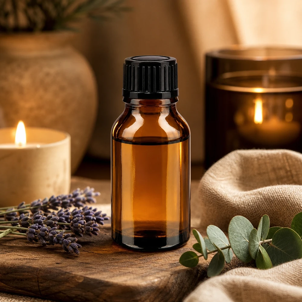 Flacone con protezione dalla luce da 15 ml in vetro ambrato con tappo contagocce nero su base in legno con lavanda