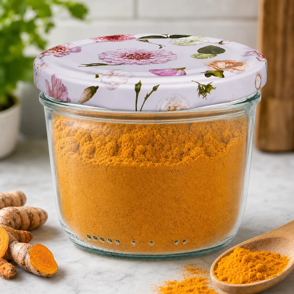 Bicchieri da 230 ml + coperchio BasicSeal rosa... Bicchieri 230ml riempiti con polvere di curcuma BasicSeal coperchio motivo floreale barattolo di spezie barattolo di stoccaggio cucina