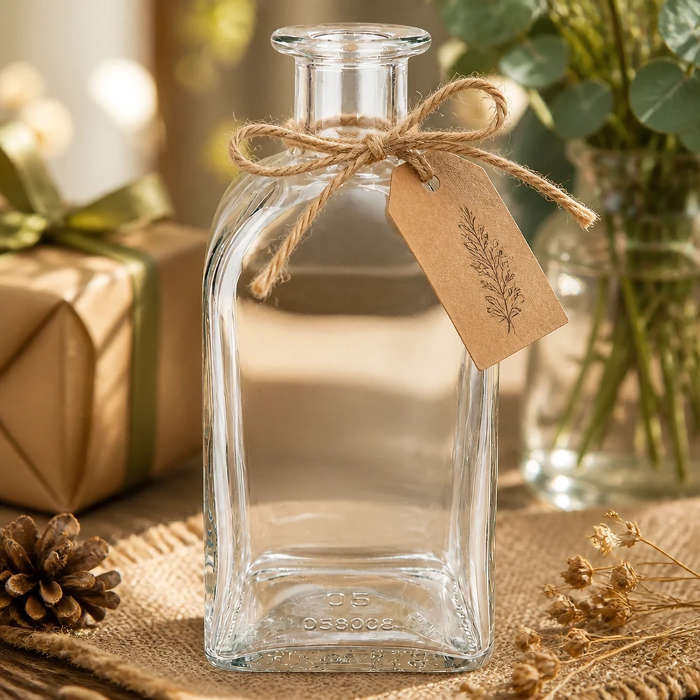 Flacone farmaceutico da 500 ml Julia senza tappo UNiTWIST® Bottiglia in vetro Julia da 500 ml con decorazione rustica Ciondolo in carta kraft e corda di iuta su sfondo in legno naturale