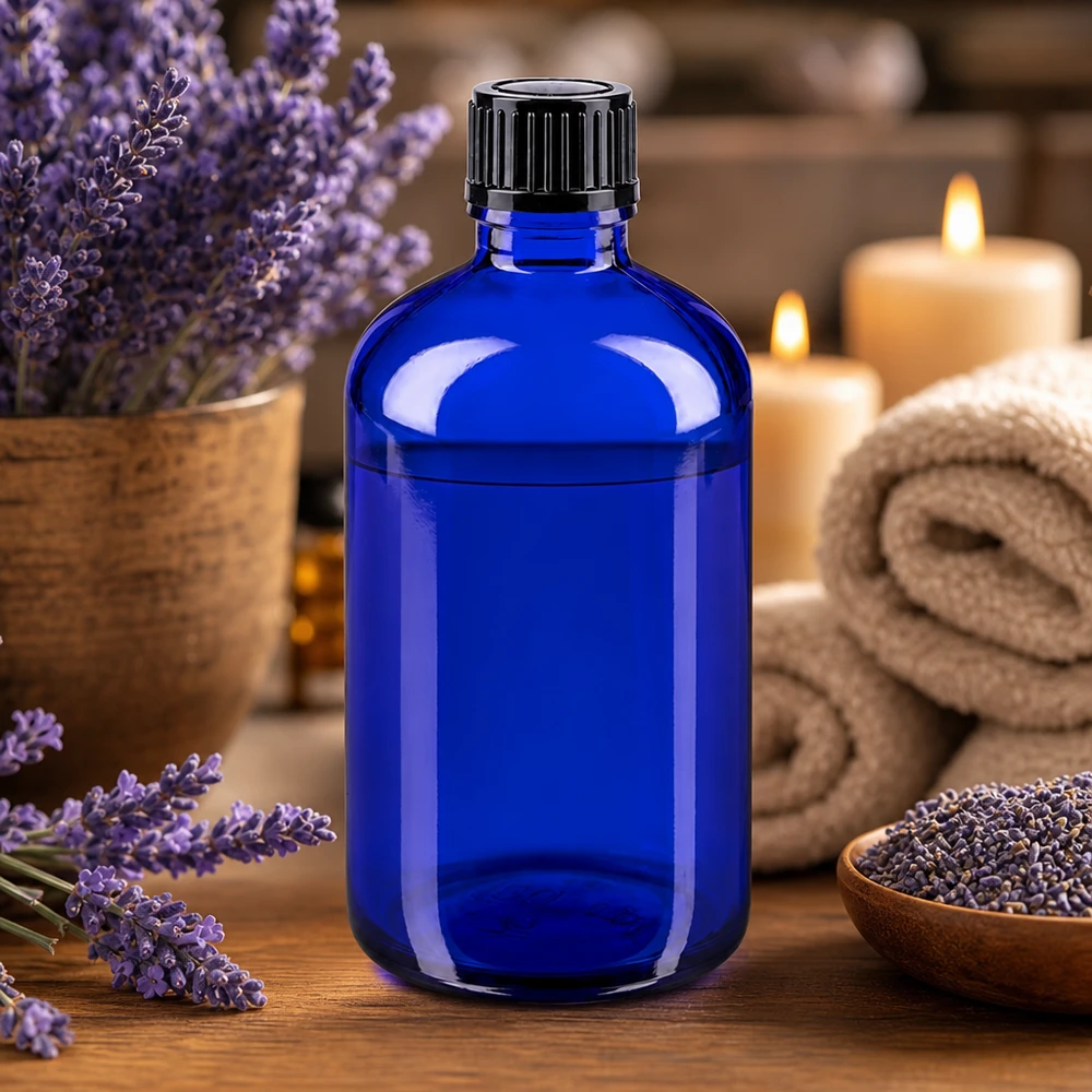 Bottiglia da farmacia blu da 100 ml. SV STD nero/11mm ApoGlas Flacone di vetro blu da 100 ml con tappo nero, circondato da lavanda e candele