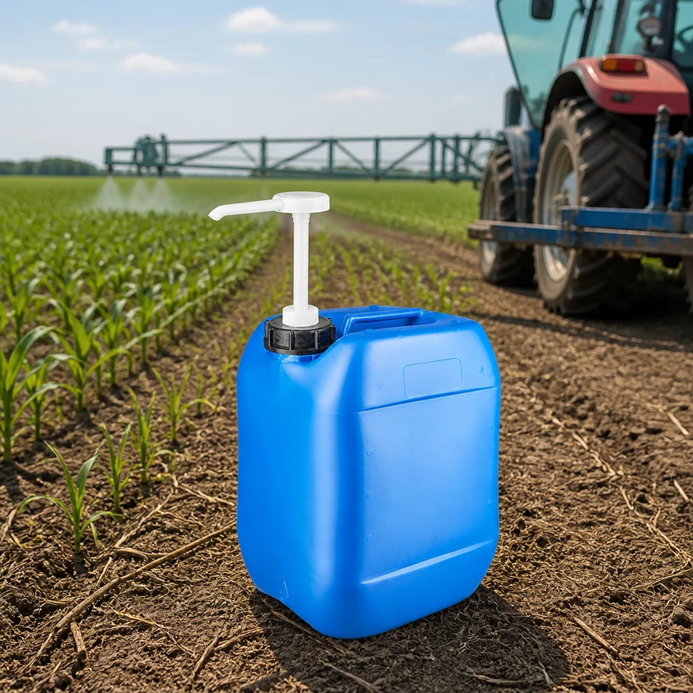 Tanica 10 litri blu con pompa dosatrice Tanica blu da 10 litri con pompa dosatrice utilizzata in ambito agricolo su un campo coltivato