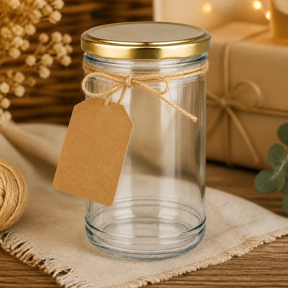Bicchieri da 1053 ml con coperchio BasicSeal oro UN... Bicchieri da 1053 ml decorati con un coperchio BasicSeal dorato e un'etichetta in carta kraft come confezione regalo fai da te