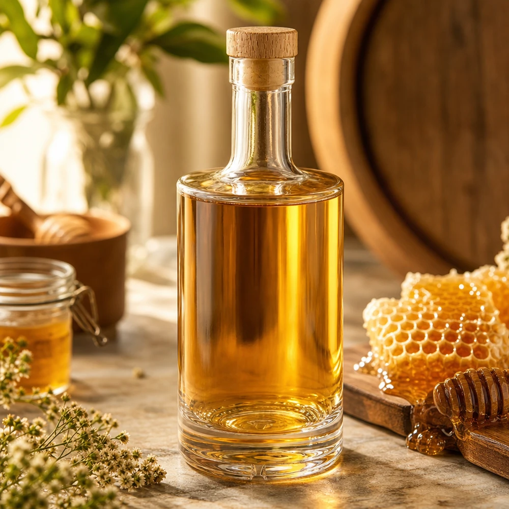 Bottiglia di vetro da 500 ml Nora riempita di liquore al miele tappo di legno UNiTWIST barattolo di miele a nido d'ape decorazione naturale