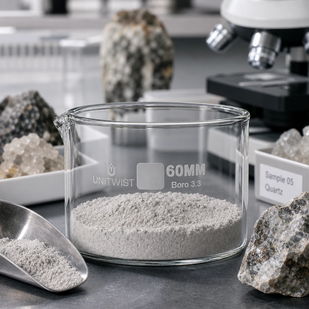 Piatto per cristallizzazione ø60mm in vetro borosilicato UNiTWIST Vaschetta di cristallizzazione UNiTWIST da 60 mm con polvere minerale grigia su un tavolo da laboratorio, circondata da campioni di roccia