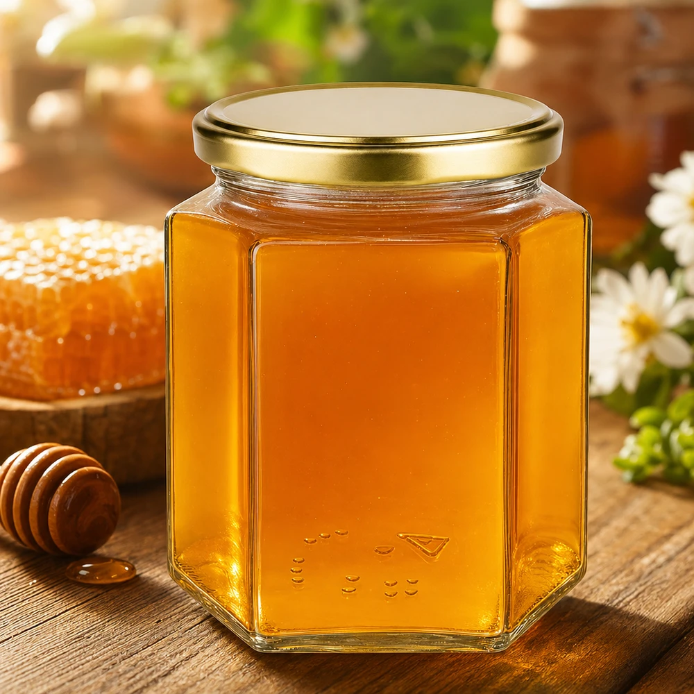 Vasetto per miele da 500 g con capsula dorata BasicSeal UNiTWIST 500g Honigglas BasicSeal mit goldenem Deckel gefüllt mit Honig neben Bienenwabe und Honiglöffel auf Holztisch