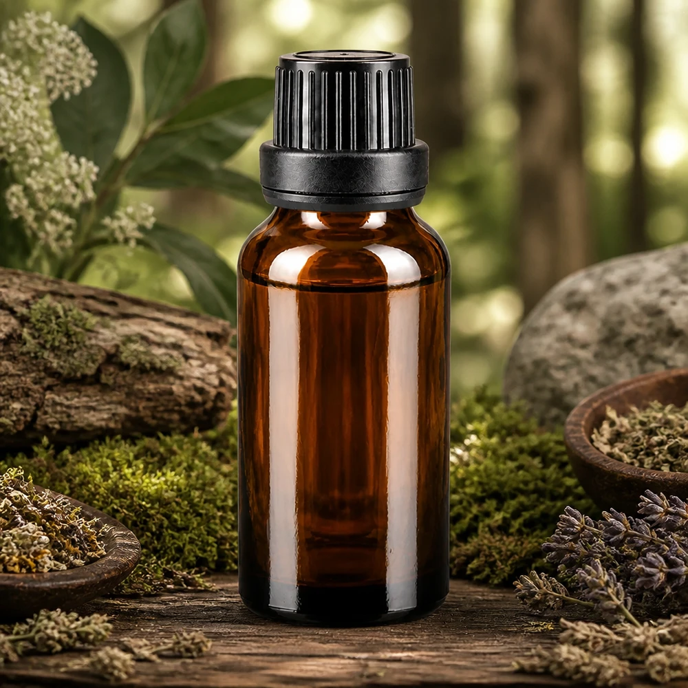 Piccolo flacone in vetro ambrato da 20 ml con tappo contagocce nero, su uno sfondo di muschio ed erbe in un'atmosfera boschiva