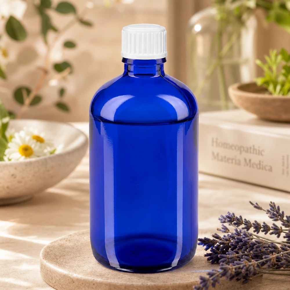Flacone di vetro blu da 100 ml con tappo bianco accanto a della lavanda e a un libro sull’omeopatia
