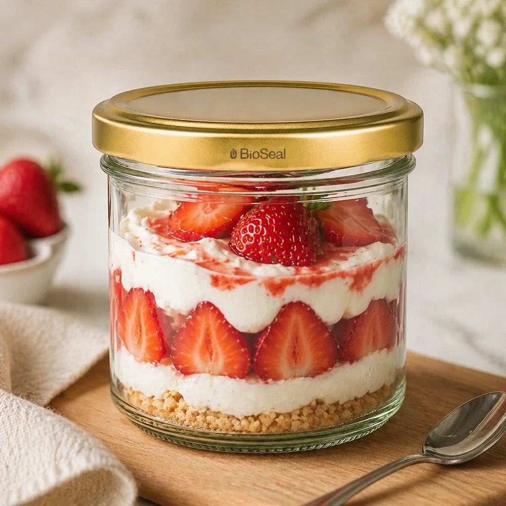 UNiTWIST Sturz125 con coperchio dorato. Coperchio TO66 BioSeal UNiTWIST vaso da dessert da 125 ml con trifle di fragole - coperchio dorato TO66 su tavola di legno con cucchiaio e decorazione