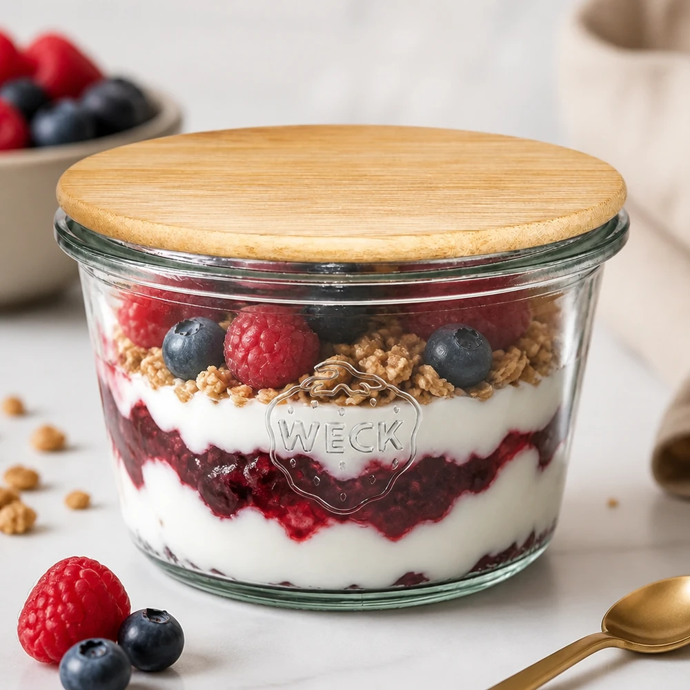WECK RR100 tumbler 370ml con coperchio in bambù riempito con muesli ai frutti di bosco a strati - yogurt, granola e lamponi