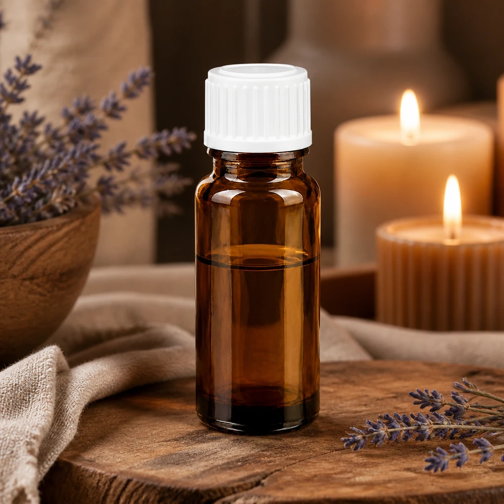 Piccola boccetta marrone da 10 ml con contagocce bianco su un supporto rustico in legno, con lavanda e luce di candela