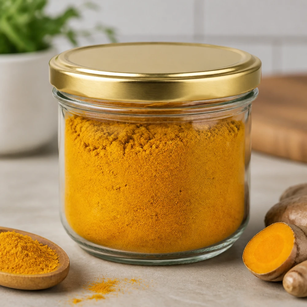 Bicchieri da 260 ml con coperchio BasicSeal oro UNiTWIST I tumbler da 260 ml riempiti con polvere di curcuma e il coperchio BasicSeal gold mostrano l'uso versatile delle spezie
