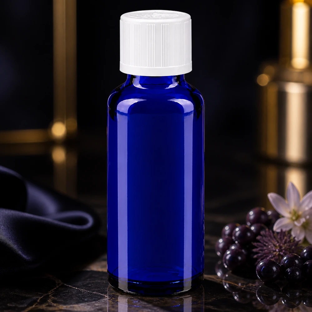 Flacone da farmacia da 30 ml in blu cobalto con tappo di sicurezza per bambini bianco su sfondo marmorizzato