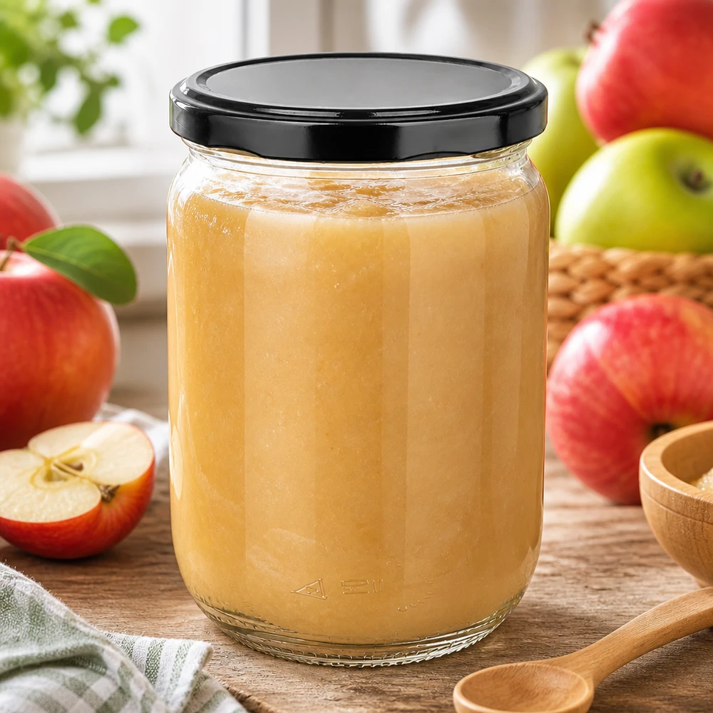 Vaso di vetro rotondo da 555 ml + coperchio BasicSeal nero UNiTWIST Barattolo da conservazione UniTwist da 555 ml con coperchio BasicSeal, ideale per preparare la purea di mele e la marmellata