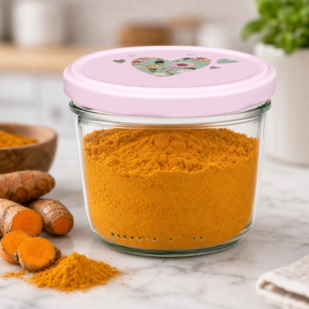 Bicchieri da 230 ml + coperchio BasicSeal cuore rosa UNiTWIST Barattolo da 230 ml con coperchio rosa a forma di cuore riempito di polvere di curcuma accanto a radici di curcuma fresche Cucina