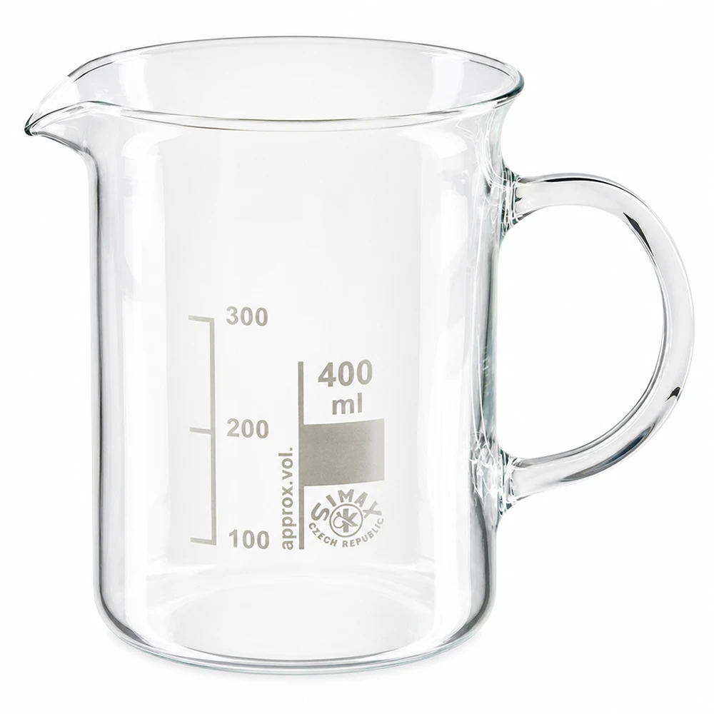 Bicchiere da laboratorio da 400 ml in vetro borosilicato con manico e scala graduata in millilitri fino a 300 ml
