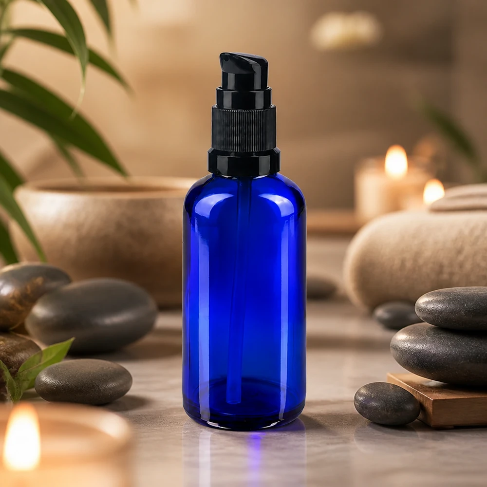 Flacone con dosatore in vetro da farmacia da 50 ml, di colore blu con testina di dosaggio nera, per prodotti cosmetici