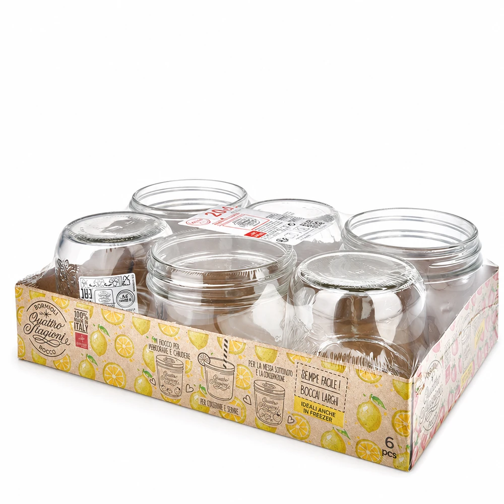 Bicchieri "Quattro Stagioni" da 200 ml con coperchio Vaso da 200 ml Quattro Stagioni con coperchio Set di 6 vasi per conserve dall'Italia in confezione gialla