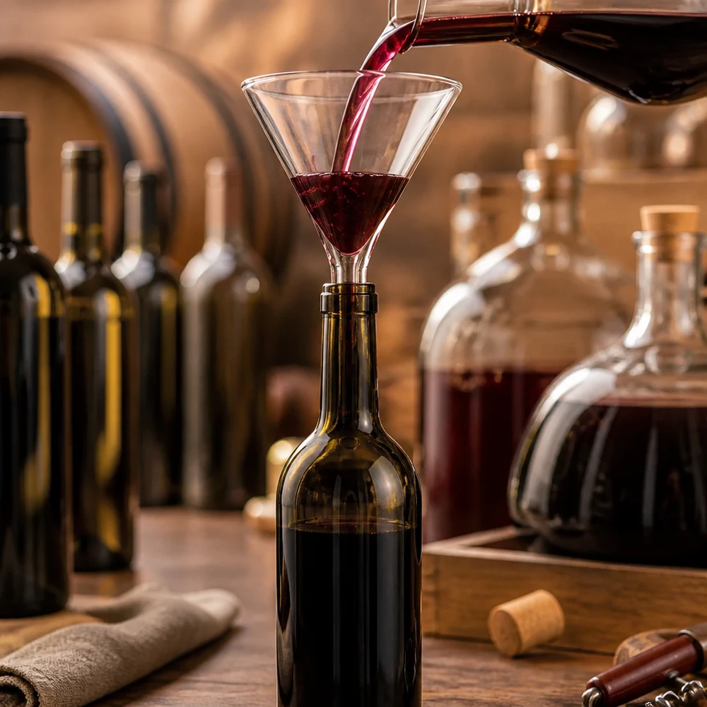 Imbuto in vetro trasparente con angolo di 60 gradi, ideale per l'imbottigliamento di vino e altri liquidi.