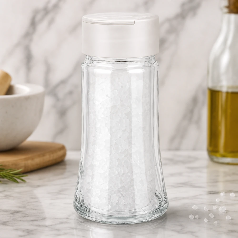 Vaso di vetro per sale da 95 ml con doppio dosatore bianco, riempito di sale marino grosso, su base in marmo