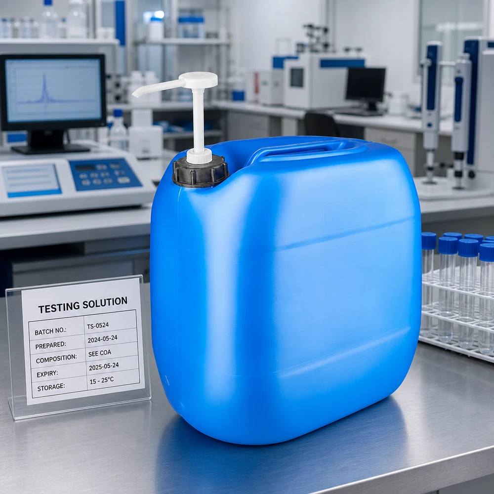 Tanica 30 litri blu con pompa dosatrice Tanica blu da 30 litri con pompa dosatrice su un tavolo da laboratorio in acciaio inossidabile, accanto a delle provette