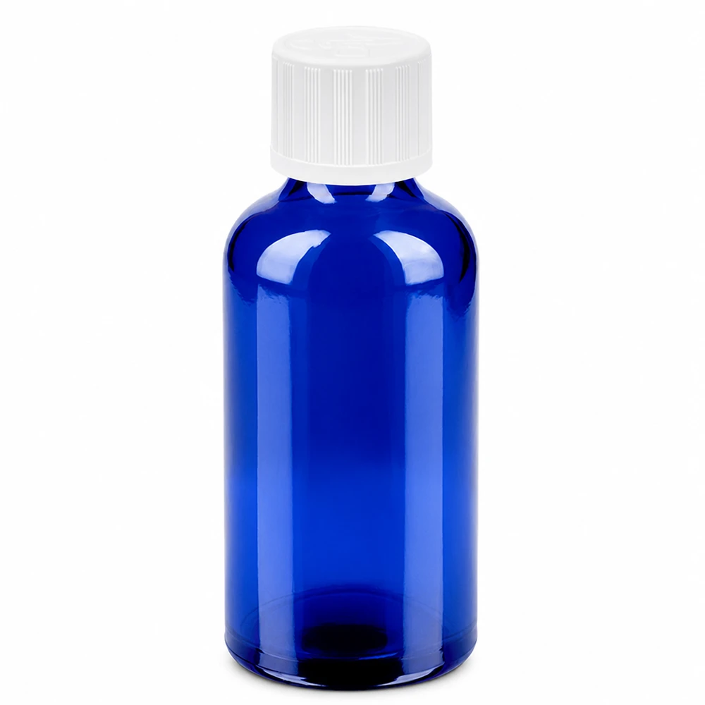 Flacone da 50ml 11mm SV w. STD KiSi BlueLine UT18/50 Flacone compatto da 50 ml in blu cobalto, ideale per viaggiare e conservare gli oli.