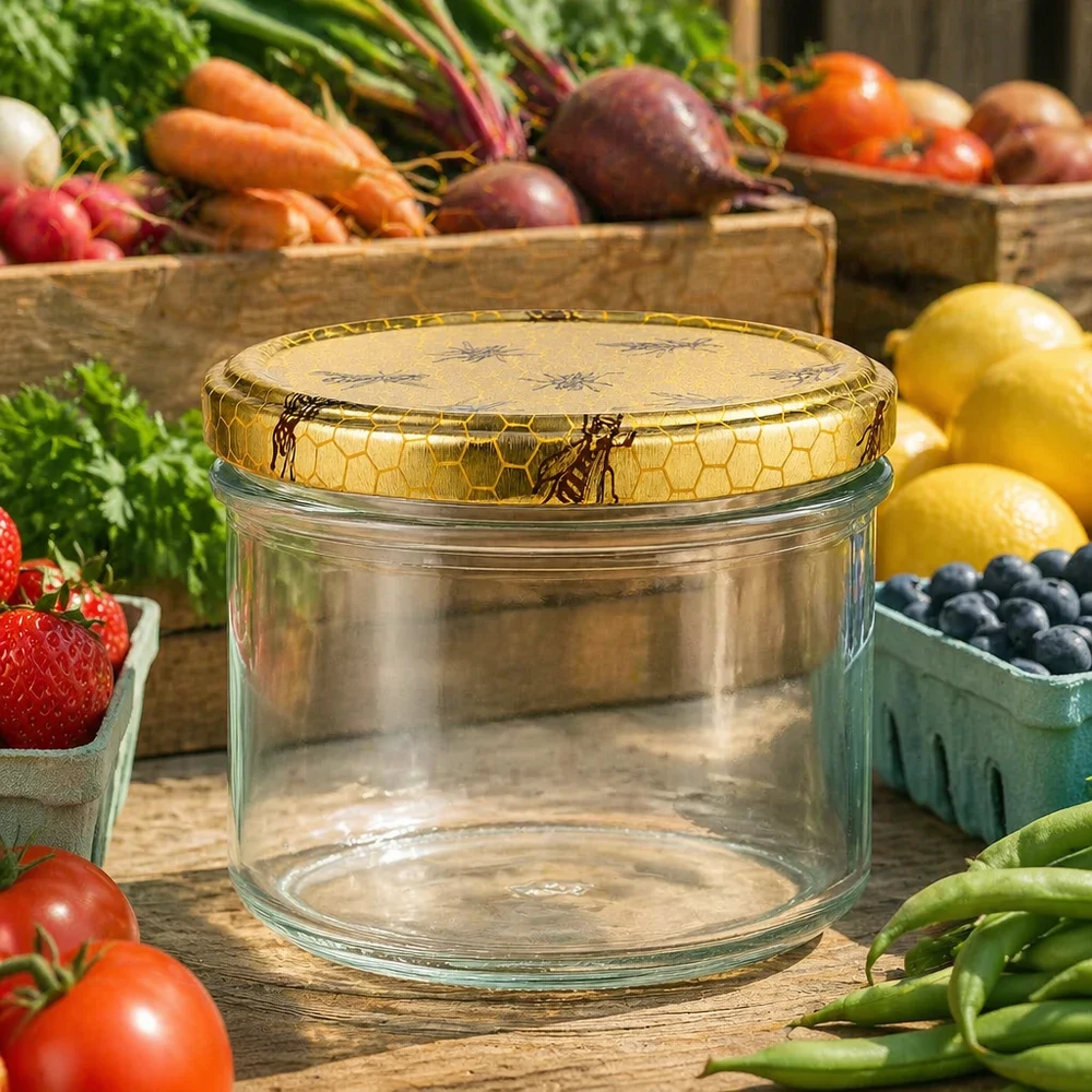 Vasetto per miele da 250 g con capsula con motivo a favo BasicSeal UNiTWIST Vasetto di miele da 250 g con coperchio a nido d'ape circondato da verdure fresche, frutta e bacche su un tavolo di legno rustico