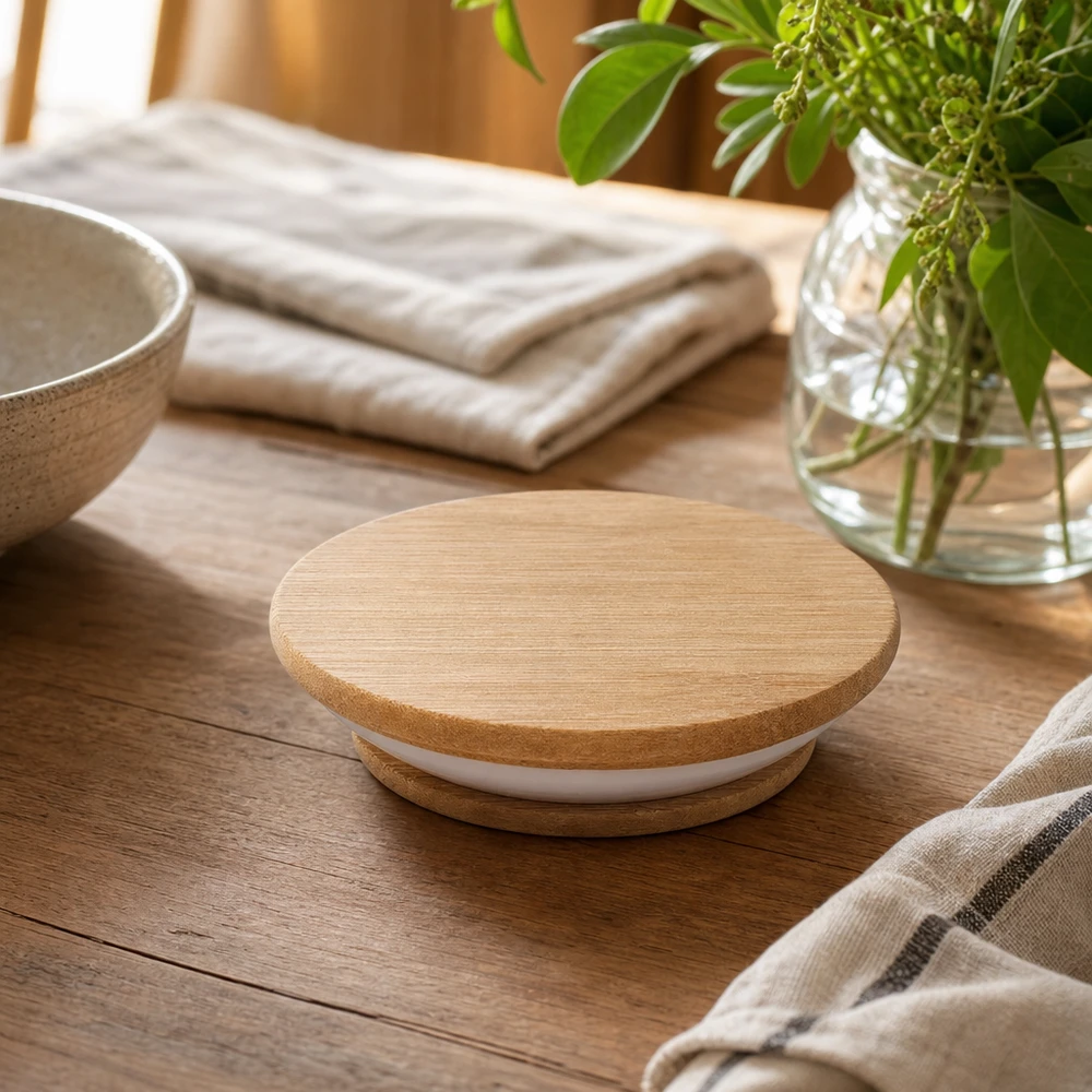 Coperchio in legno WECK versione RR80 Uno scatto di lifestyle su un tavolo in legno con decorazioni mostra una naturale integrazione nell'ambiente abitativo