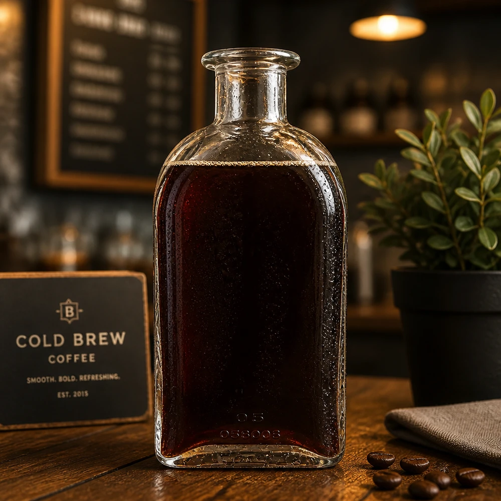Flacone farmaceutico da 500 ml Julia senza tappo UNiTWIST® Bottiglia in vetro Julia da 500 ml riempita di caffè cold brew in un'atmosfera da bar con chicchi di caffè e presentazione elegante