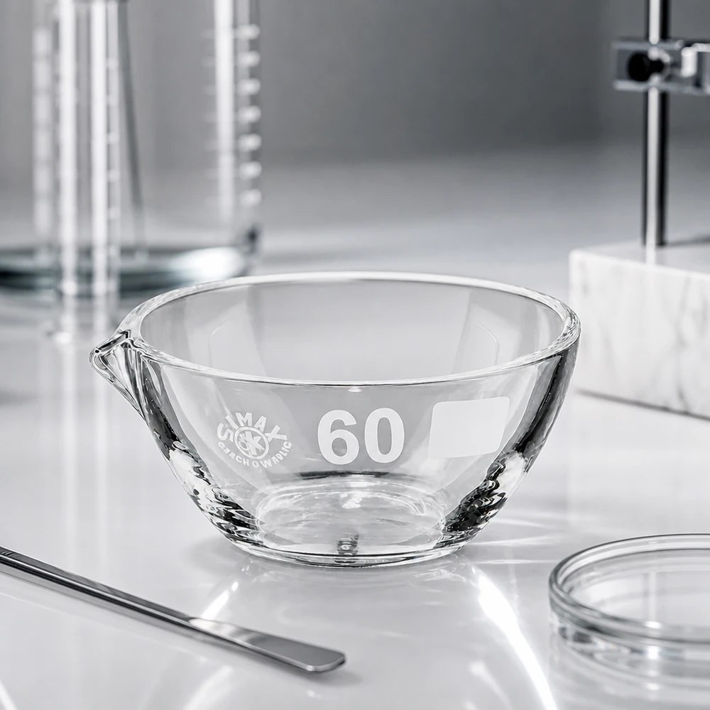 Piatto di evaporazione da 45ml con beccuccio in borosilicato ø60mm Vaschetta ergonomica per vapori in borosilicato da 45 ml ø60 mm con beccuccio per una facile manipolazione