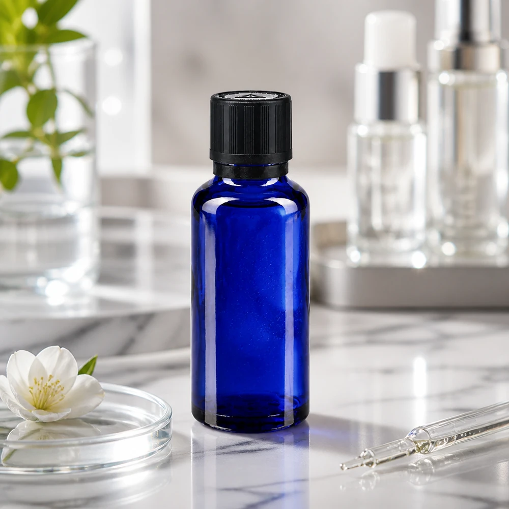 Contagocce blu da 30 ml. OV KiSi Bli nero/1mm ApoGlas Flacone di vetro blu da 30 ml con tappo KiSi su una superficie di marmo, accanto a una pipetta e a un fiore bianco